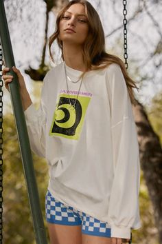 Daydreamer Worldwide Sound Long Sleeve Top - Vintage White-Daydreamer-Jayden P Boutique Relaxed Long Sleeve T-shirt For Summer, Relaxed Long Sleeve Summer T-shirt, Relaxed Graphic Print Tops For Spring, Relaxed Long Sleeve T-shirt For Spring, Relaxed Long Sleeve Spring T-shirt, Spring Relaxed Long Sleeve T-shirt, White Relaxed Tops With Graphic Print, White Relaxed Top With Graphic Print, Relaxed White Tops With Graphic Print