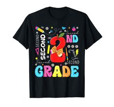 a black shirt with the number eight second grade on it and colorful lettering that says second grade