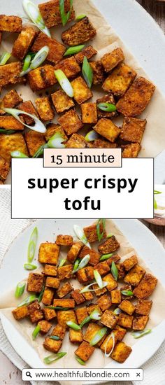 tofu on a plate with text overlay that reads 15 minute super crispy tofu