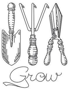 three different types of tools hanging from hooks and the word grow written in cursive writing