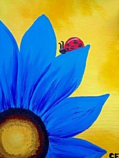 a painting of a blue flower with a ladybug on it