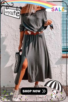 Gray Shirred Off Shoulder Maxi Dress with Split Solid Color Long Sleeve Maxi Dress For Day Out, Long Sleeve Solid Color Maxi Dress For Day Out, Casual Long Sleeve Midi Dress For Day Out, Solid Color Midi Beach Dress For Fall, Solid Color Fall Beach Maxi Dress, Fall Solid Color Maxi Dress For Day Out, Casual Solid Color Midi Dress For Brunch, Casual Solid Color Midi Dress For Day Out, Long Sleeve Gray Beach Dress