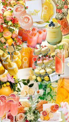 a collage of many different types of food and drinks on display in front of flowers