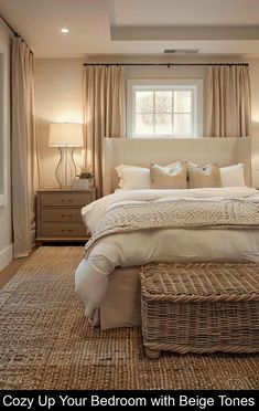 a large bed sitting under a window next to a basket on top of a rug