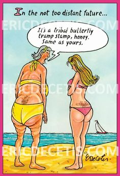 a cartoon depicting two women in bathing suits talking to each other on the beach,