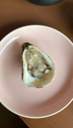 a pink plate topped with an oyster on top of a wooden table