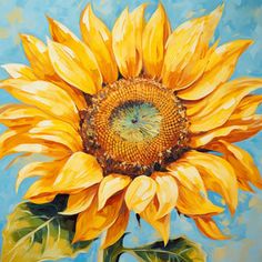 a painting of a sunflower on a blue background