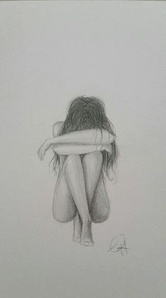 a pencil drawing of a woman sitting on the ground with her head in her hands