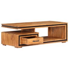 a wooden coffee table with two drawers on one side and an open drawer on the other