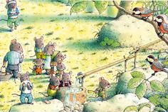 there are many little mice in the field with trees and birds around them, all looking at each other