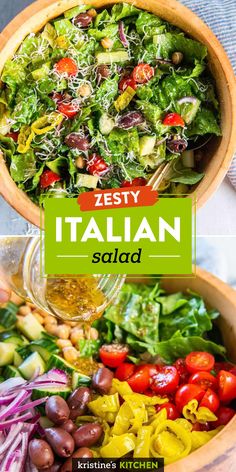 a salad in a wooden bowl with the title zesty italian salad on top and below