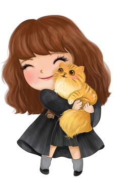 a drawing of a girl holding a cat in her arms and smiling at the camera