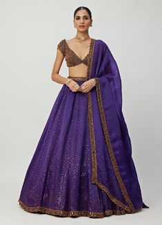 This stunning Purple Crystal and Sequin Scattered Organza Lehenga Set is the perfect blend of elegance and tradition. Crafted from luxurious organza and georgette fabrics, the deep purple lehenga is intricately adorned with shimmering sequins, cutdana, and crystal embroidery in copper hues. Paired with a jewelled blouse featuring matching crystal detailing, the lehenga set exudes sophistication and charm. The look is completed with a dupatta edged in delicate embroidery, adding a graceful touch. Ideal for Sangeet, cocktail parties, or receptions. Composition : Lehenga, Dupatta - Organza and Blouse - Georgette Care: Dry Clean Only and Vacuum Storage This product can be customized for sleeves, blouse length and neckline Delivery : 6-8 weeks as the product is hand crafted. Check Size Guide or Purple Lehenga, Lehenga Dupatta, Organza Lehenga, Crystal Embroidery, Vacuum Storage, Embroidered Lehenga, Indian Wedding Wear, Delicate Embroidery, Sleeves Blouse