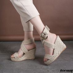 Stylishly Woven Flat Shoes Beige Sandals Heels, Comfortable Flip Flops, Heels For Women, Strap Wedge, Womens Summer Shoes, Wedge Heel Sandals, Buckle Shoes, Fashion Sandals, Open Toe Sandals