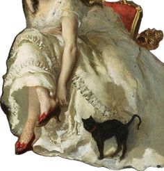 a painting of a woman sitting on a couch next to a small black cat,