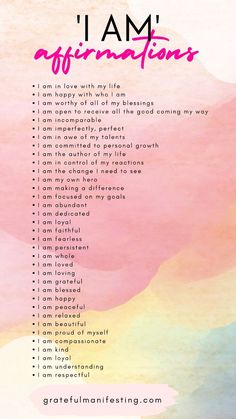 the i am affirmation list with pink and yellow watercolors