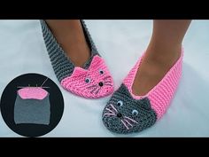 a pair of crocheted slippers with a cat on them