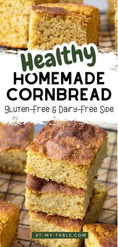 A stack of golden gluten-free cornbread squares with a crispy top and tender crumb on a cooling rack. Perfect for Healthy Family Recipes and a quick easy gluten-free cornbread option.