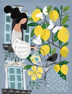 a woman sitting on a window sill next to a tree filled with lemons