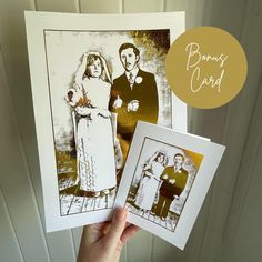 a hand holding up two photos of people in wedding attire and the words, bonnie card