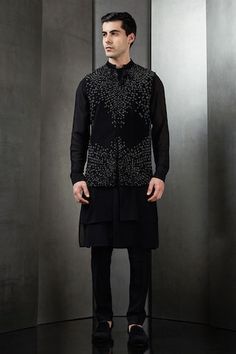 Black sleeveless bundi crafted in suiting fabric with celeste metallic beads pattern embellishments. - Aza Fashions Rahul Khanna, Beads Pattern, Nehru Jacket, Suiting Fabric, Nehru Jackets, Suit Fabric, Black Sleeveless, Mandarin Collar, Aza Fashion