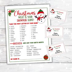 printable christmas party game with snowman name