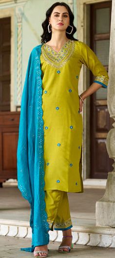 Yellow color Salwar Kameez in Blended fabric with Embroidered, Sequence, Thread, Zari work Green Embroidered Border Salwar Kameez In Mulmul, Green Mulmul Salwar Kameez With Embroidered Border, Pista Green Sharara With Embroidered Border, Festive Pista Green Palazzo Set With Embroidered Border, Designer Pista Green Unstitched Suit With Embroidered Border, Designer Unstitched Pista Green Suit With Embroidered Border, Semi-stitched Pista Green Churidar With Embroidered Border, Bollywood Style Pista Green Palazzo Set With Embroidered Border, Green Salwar Kameez With Embroidered Border In Art Silk