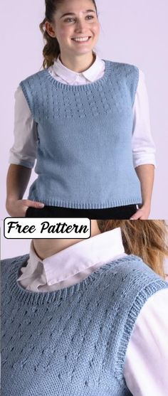 a woman wearing a blue sweater and white shirt with the words free pattern on it