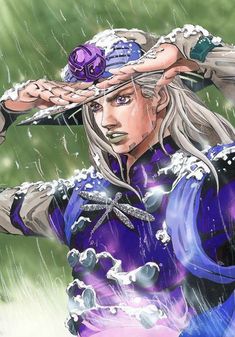 a woman with long hair wearing a purple outfit and holding an umbrella in the rain