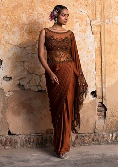 Nitika Gujral-Dark Copper Draped Sari-INDIASPOPUP.COM Pre Draped Saree, Crystal Work, Draped Saree, Crystal Embroidery, Formal Parties, Bridal Lehenga Red, Drape Saree, Ready To Wear Saree, Indian Wedding Wear