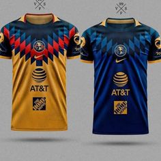 two jerseys with different designs on them, one is blue and the other is yellow