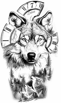 an ink drawing of a wolf and its cub in front of a clock with the time on it's face