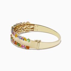 Effy Watercolor 14k Yellow Gold Multi Sapphire Bangle Luxury Multicolor Gold Bracelet, Fine Jewelry Yellow Gold Multi-stone Bangle, Yellow Gold Multi-stone Bangle In Fine Jewelry Style, Multicolor 14k Gold Jewelry For Formal Occasions, Formal Multicolor 14k Gold Jewelry, Yellow Gold Multi-stone Oval Bracelet, Luxury 14k Gold Multicolor Jewelry, Yellow Gold Multi-stone Oval Bracelets, Yellow Gold Oval Multi-stone Bracelet