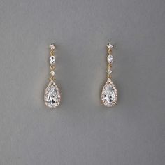 Pave Elongated Pear Drop CZ Earrings - Cassandra Lynne Elegant Long Earrings Gold, Gold Dangle Earrings Wedding, Gold Crystal Earrings, Earrings Sapphire, Wedding Earings Idea, Grad Earrings, Homecoming Earrings Gold, Earring Bride, Gold Earrings For Wedding