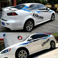 two side by side pictures of a white car with blue stripes on it and the back