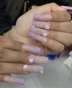 Purple Flower Nails, Spring Nail Sets, Pink Bling Nails, Grad Nails, Quince Nails, Girls Nail Designs, Fruit Nail Art, Quinceanera Nails, Nail Techniques