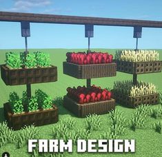 several different types of plants in crates on a field with the words farm design above them