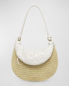 Bottega Veneta "Gemelli" shoulder bag in crochet raffia, viscsoe, and intrecciato leather     Detachable knot shoulder strap    Zip top closure     Exterior, pouch bag with zip compartment     Interior, one zip pocket     Approx. 9.8"H x 14.2"W x 3.9"D    Made in Italy Luxury Casual Shoulder Bag With Intrecciato Weave, Luxury Classic Shoulder Bag With Intrecciato Weave, Luxury Intrecciato Weave Summer Shoulder Bag, Luxury Modern Shoulder Bag With Intrecciato Weave, Luxury Shoulder Bag With Intrecciato Weave, Denim Shoulder Bags, Womens Designer Handbags, Top Handle Handbags, Shades Of Beige