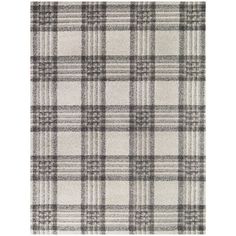 a gray and white plaid rug on a white background