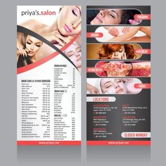 a beauty salon brochure is shown in red and black colors, with images of women's faces