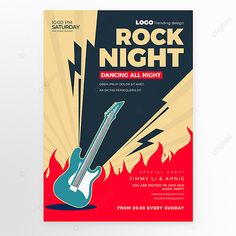 rock night flyer with guitar on fire