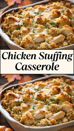 chicken stuffing casserole in a white baking dish