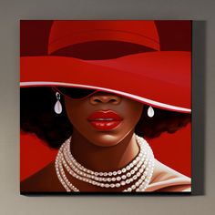 a painting of a woman wearing a red hat with pearls on her necklace and earrings