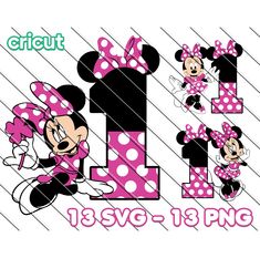 minnie mouse birthday clipart with pink and white polka dots on the letters 1, 2, 3, 4