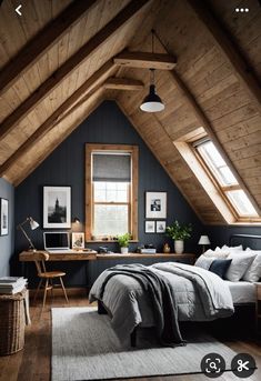 an attic bedroom with blue walls and wooden beams, white bedding, gray rugs