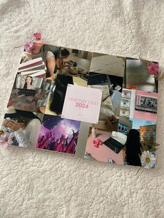 a collage of photos is displayed on a bed with white sheets and pink flowers