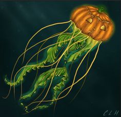 a painting of a jellyfish with an orange pumpkin on it's head