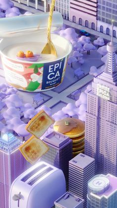 an animated image of a bowl of food in the middle of a city with buildings and skyscrapers