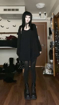 Cute Goth Dress Outfits, Alt Clothes For Work, Tumblr Goth Outfits, Back Seam Stockings Outfit, Goth Outfits Vintage, Goth Hoco Outfit, Thanksgiving Goth Outfit, Goth Receptionist, Goth Barista Outfit