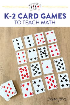 the k - 2 card games to teach math is shown on a wooden table with dices and playing cards